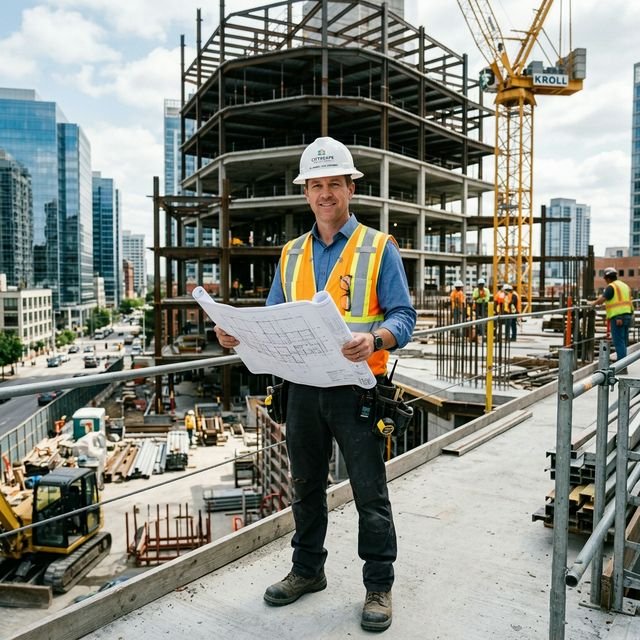 Engenheiro analisando projeto na obra